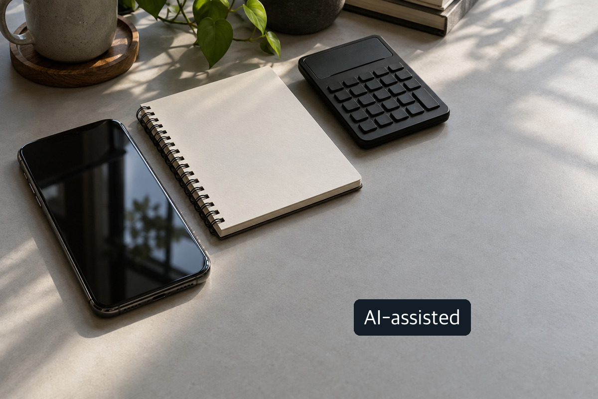 AI-generated conceptual image of a dark-screen phone, blank spiral notebook and calculator on a sunlit desk; not a real trading interface or investment record.