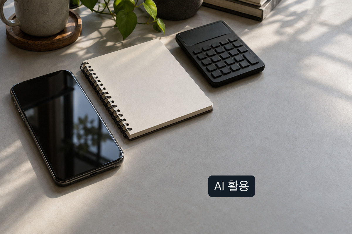 AI 생성 개념 이미지: 밝은 책상 위 검은 화면의 스마트폰, 빈 스프링 노트와 계산기; 실제 거래 화면이나 투자 기록이 아님