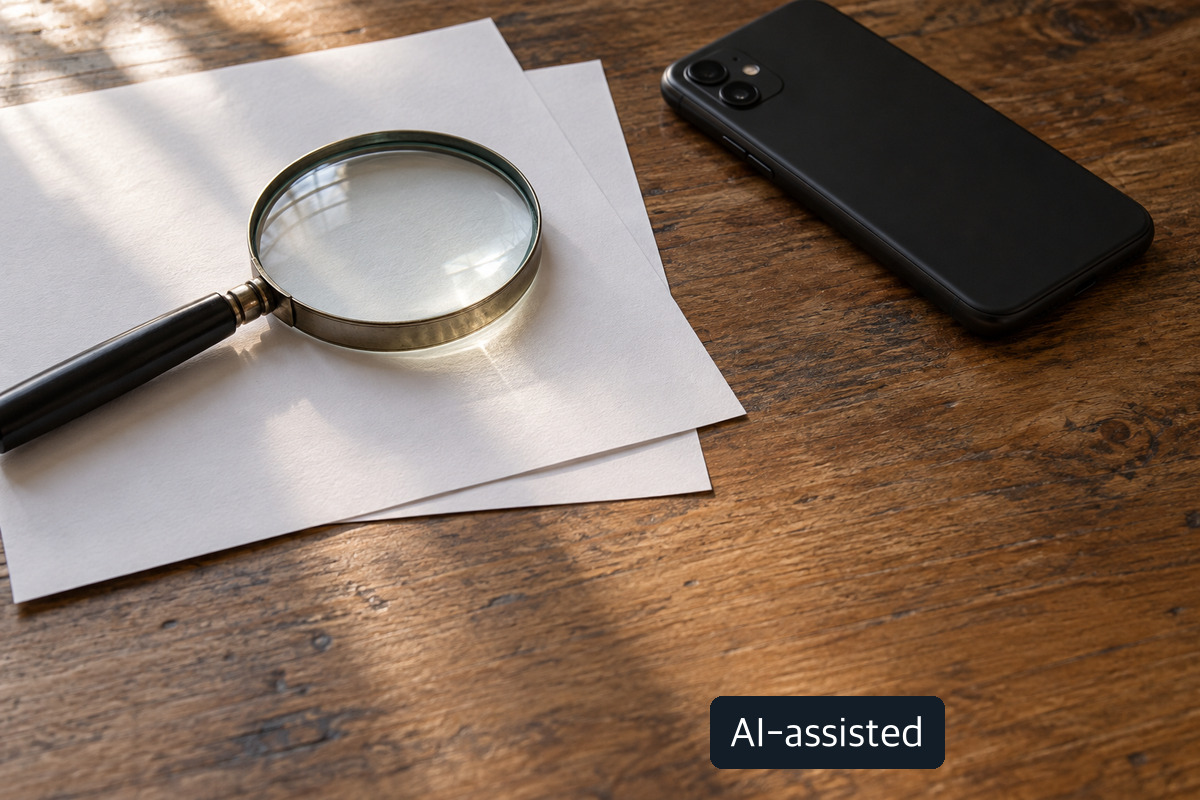 AI-generated conceptual image of a magnifying glass over blank papers beside a smartphone; not a real trading record or screen.
