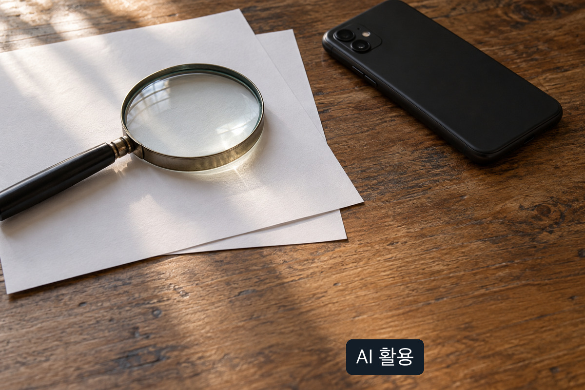 빈 종이 위 돋보기와 스마트폰이 놓인 AI 생성 개념 사진; 실제 거래 자료나 화면이 아님