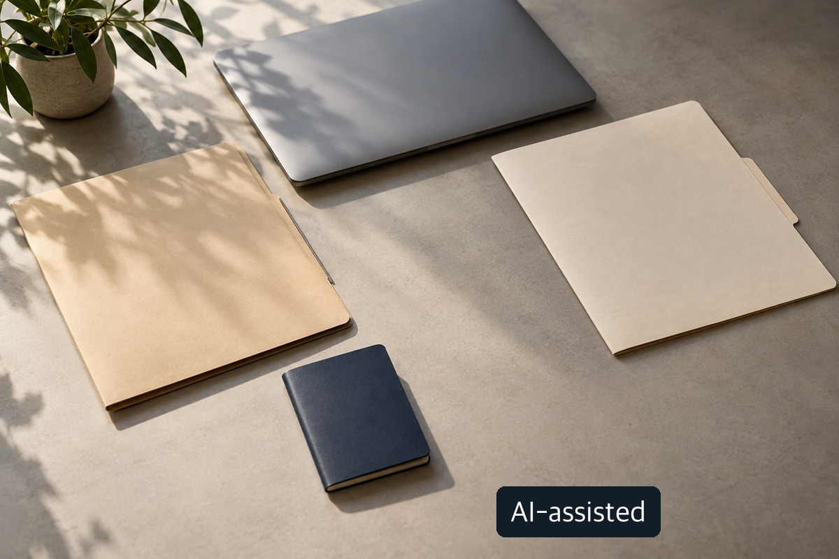 AI-generated conceptual image of folders and a notebook beside a closed laptop; not actual customer asset records.