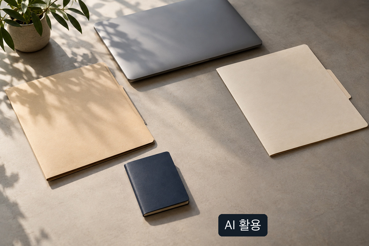 닫힌 노트북 옆 폴더와 수첩이 놓인 AI 생성 개념 사진; 실제 고객 자산 서류가 아님
