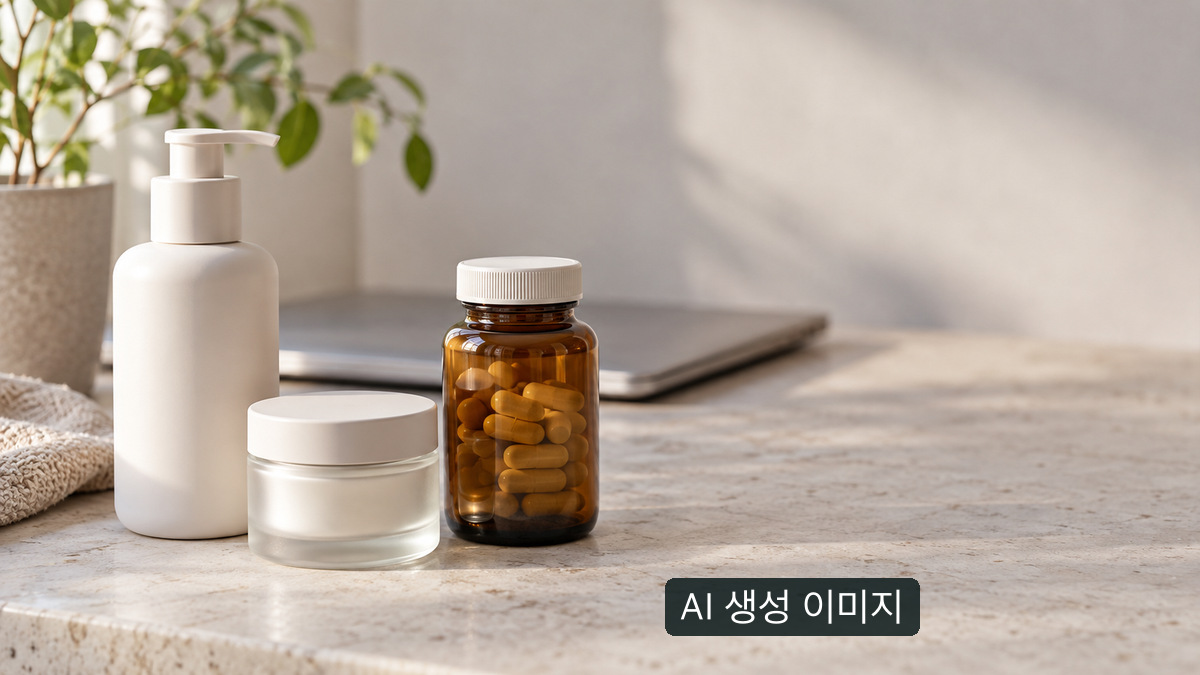 AI 생성 개념 사진: 상표·표시가 없는 화장품 용기와 캡슐 용기, 닫힌 노트북. 특정 판매 제품이나 단속·감정 결과가 아닙니다.