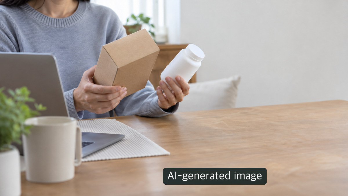 AI-generated conceptual photo of anonymous hands looking at a blank package and unlabelled bottle, not an official authenticity inspection or confirmed finding.