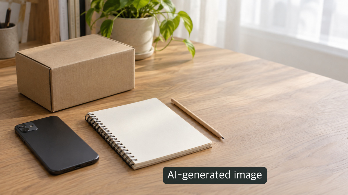 AI-generated conceptual photo of a blank parcel, face-down phone and empty notebook; not a real enforcement record, order document or refund proof.