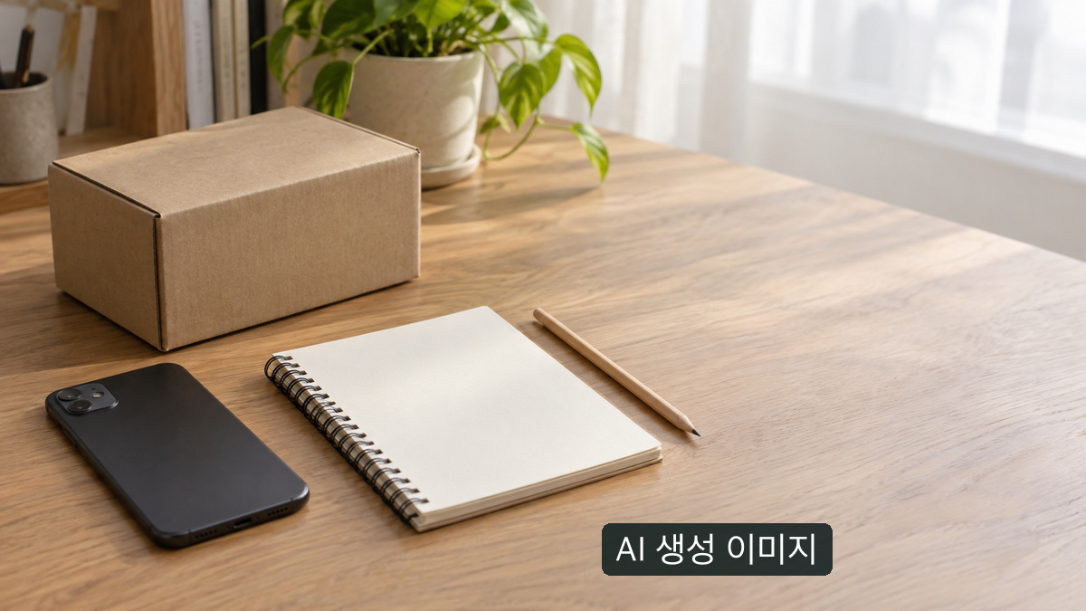 AI 생성 개념 사진: 표시 없는 택배상자·뒤집힌 휴대전화·빈 수첩. 실제 단속·주문 기록이나 환불 증빙은 아닙니다.