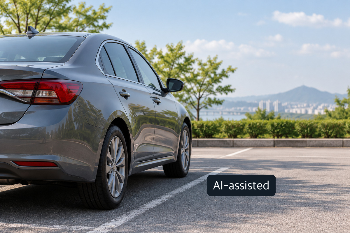AI-generated conceptual image of a gray sedan parked in an outdoor parking space; not an actual plate seizure or official enforcement vehicle