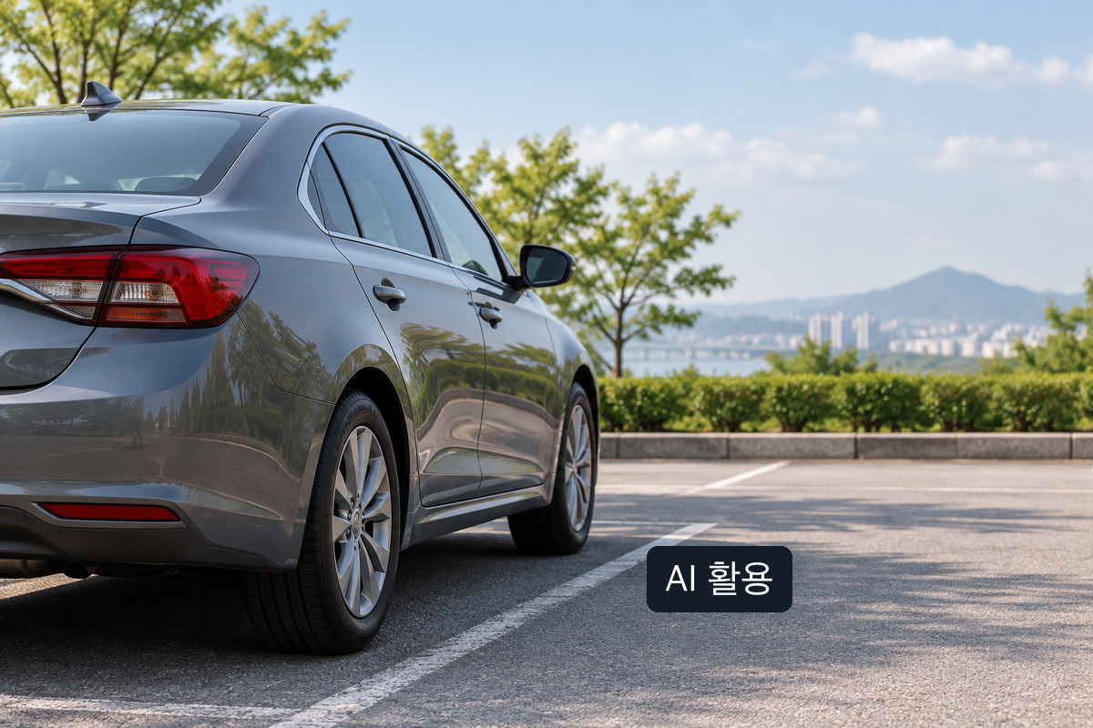 AI 생성 개념 이미지: 야외 주차구획에 주차된 회색 승용차의 뒤쪽 모습; 번호판 영치 현장이나 공식 단속 차량 사진이 아님