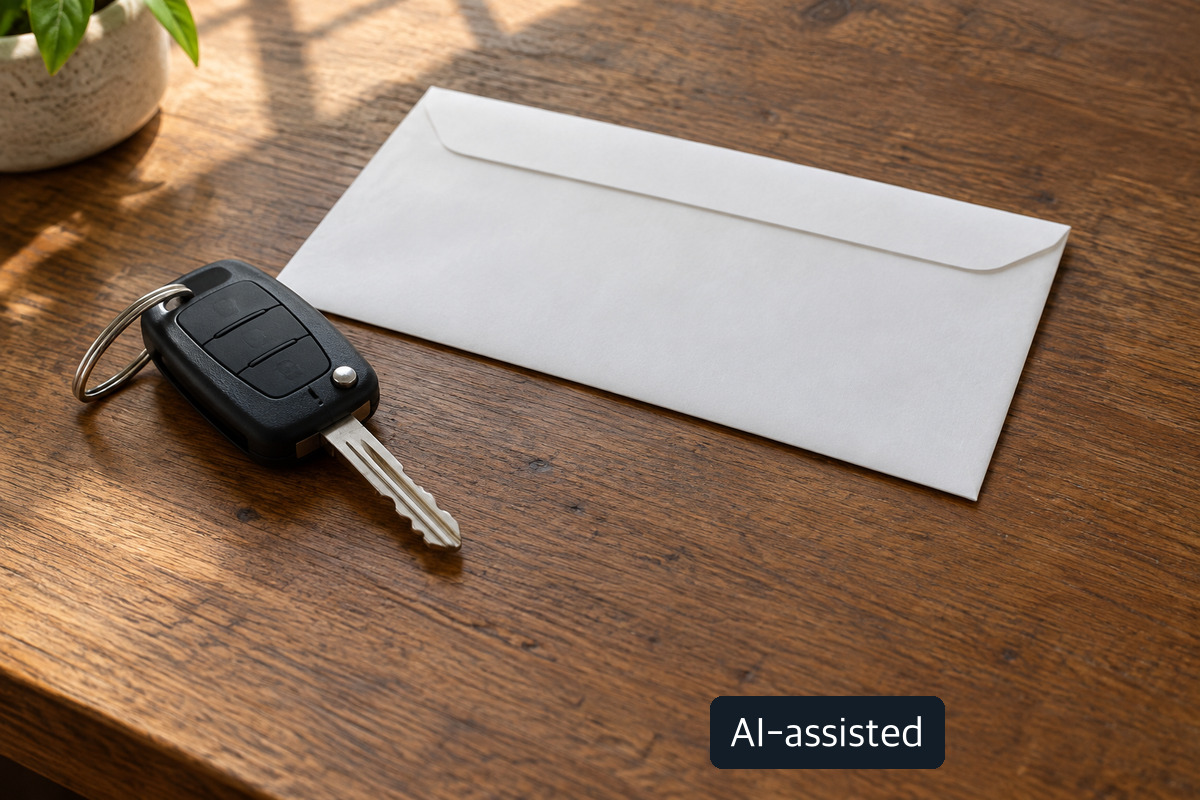 AI-generated conceptual image of a car key and blank white envelope on a wooden table; not a real fine notice or enforcement record