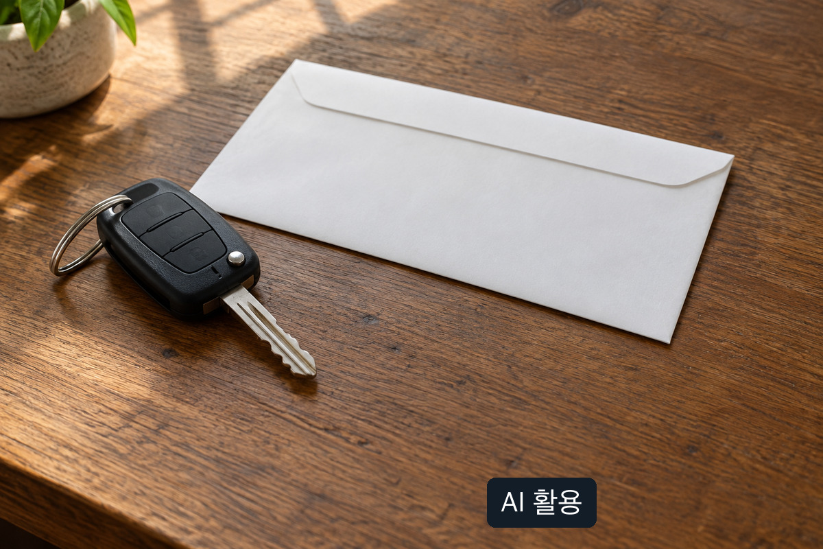 AI 생성 개념 이미지: 나무 테이블 위 자동차 열쇠와 빈 흰 봉투; 실제 과태료 고지서나 단속 기록이 아님