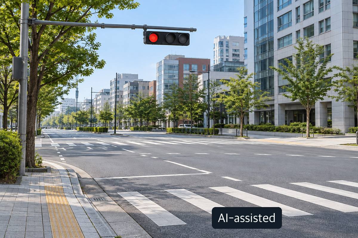 AI-generated conceptual image of a street with a crosswalk and red traffic signal; not an actual joint-operation location