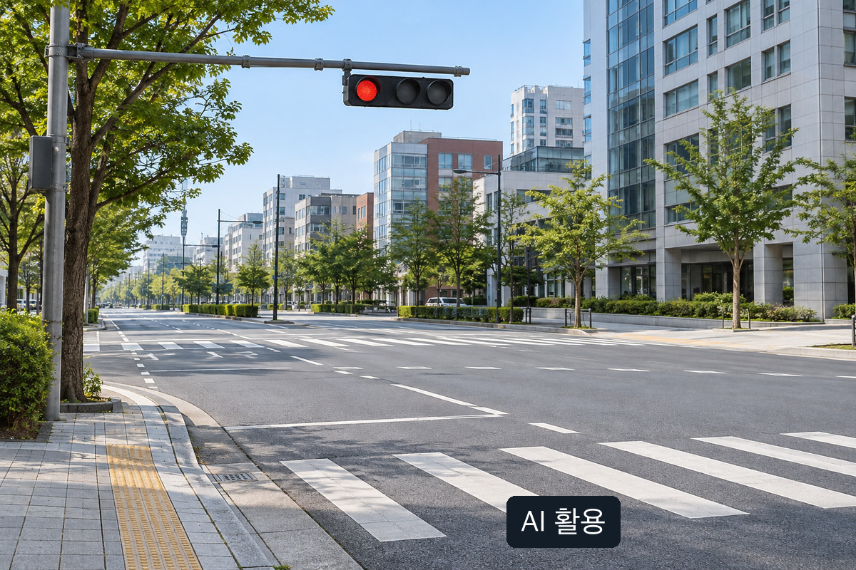 AI 생성 개념 이미지: 횡단보도와 빨간 신호등이 있는 거리; 실제 합동단속 장소가 아님