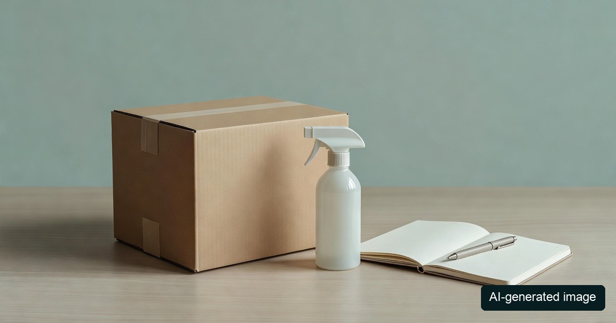 AI-generated illustration of a generic unlabeled delivery box, spray bottle and notebook