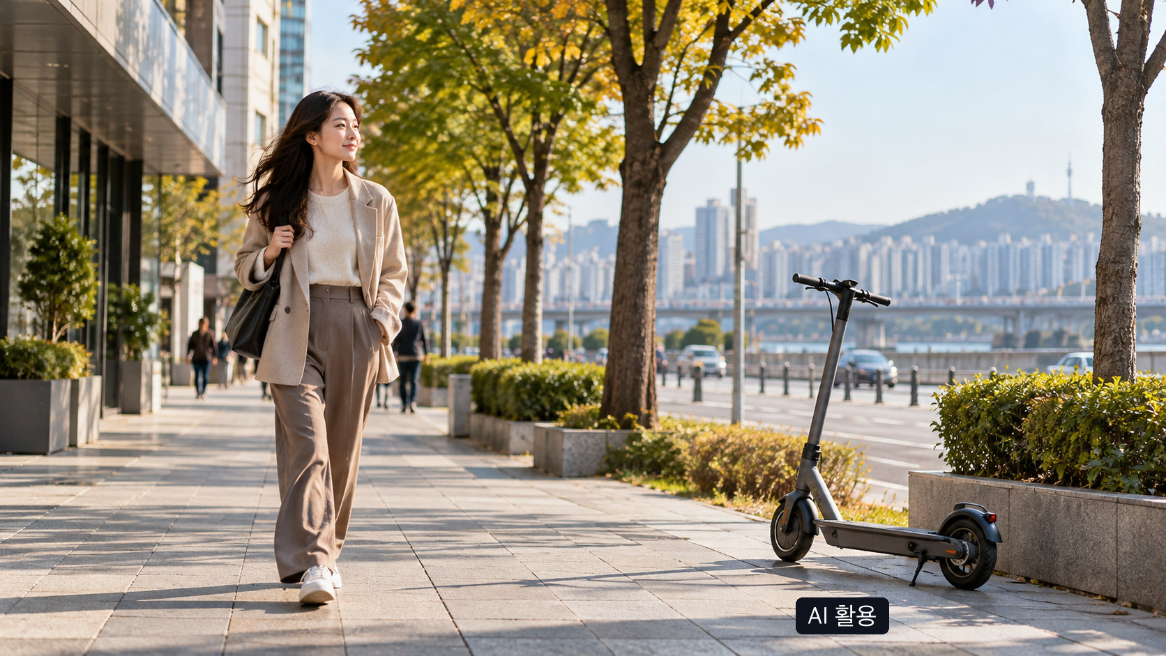 보행로 옆에 놓인 전동킥보드