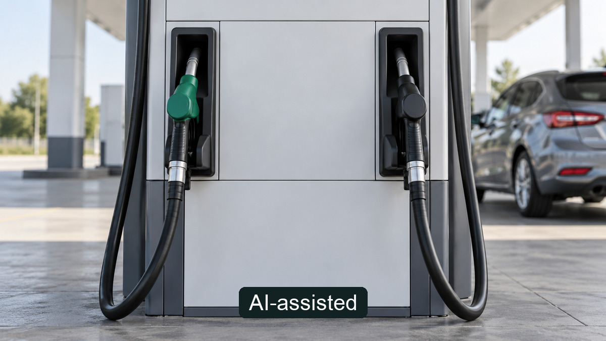 Conceptual petroleum-pricing scene, not a real filling-station price sign or an official notice