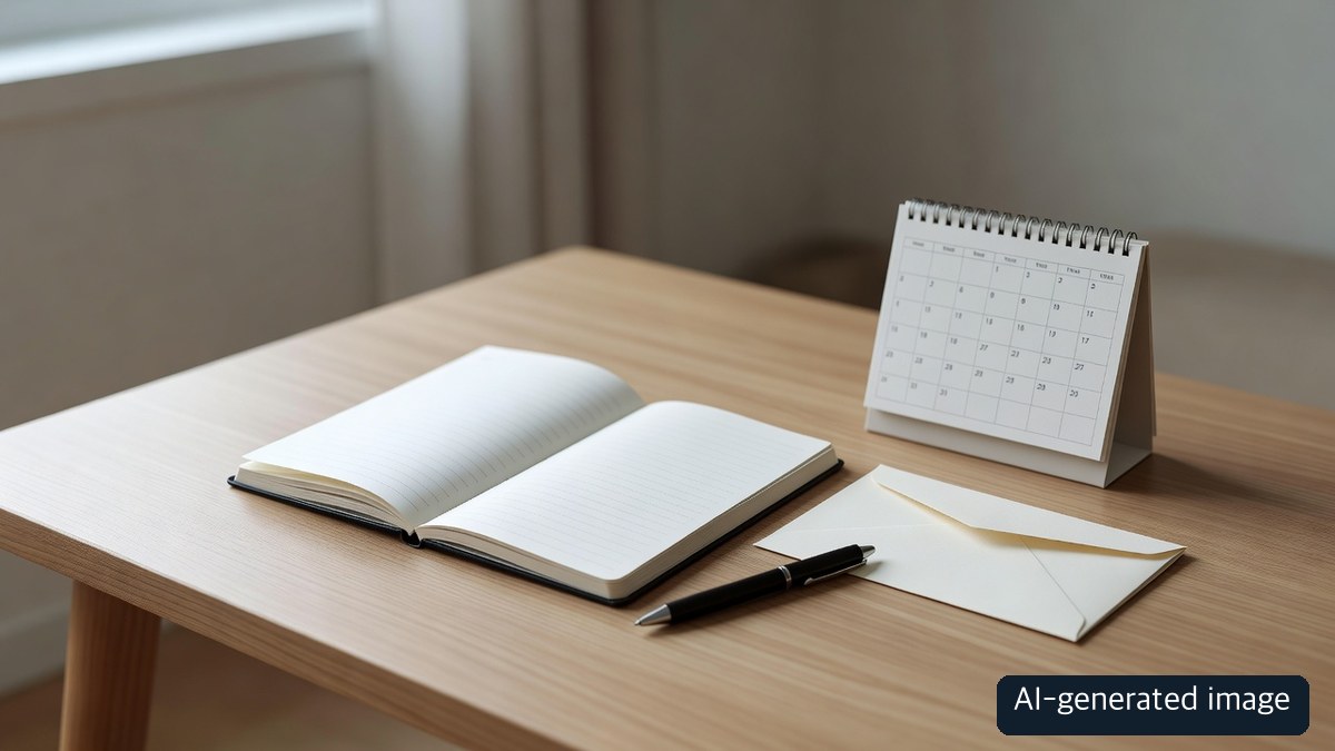 AI-generated neutral desk with blank notebook, envelope and calendar; no real case record