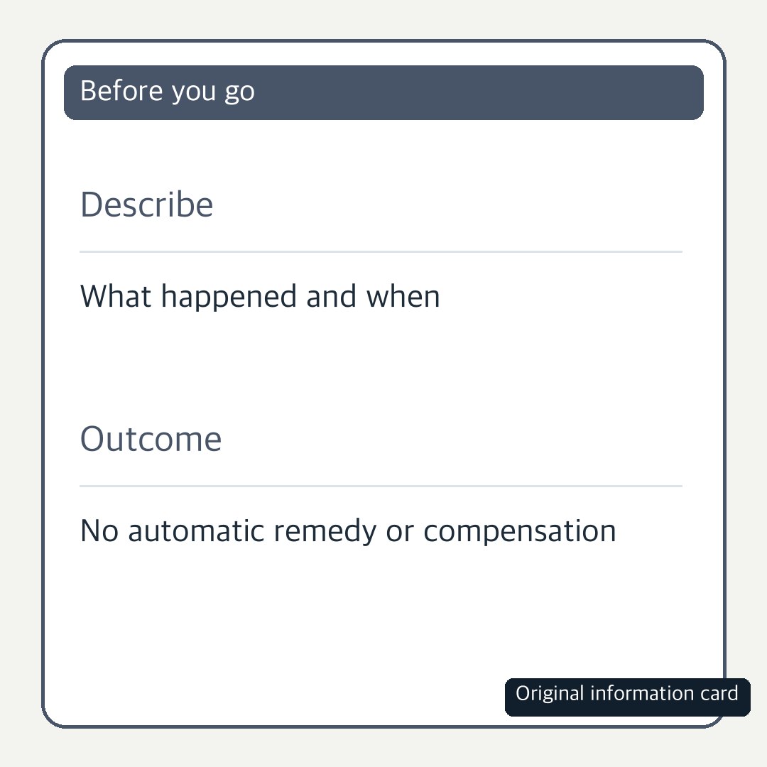 Original card separating a grievance narrative from any promised outcome