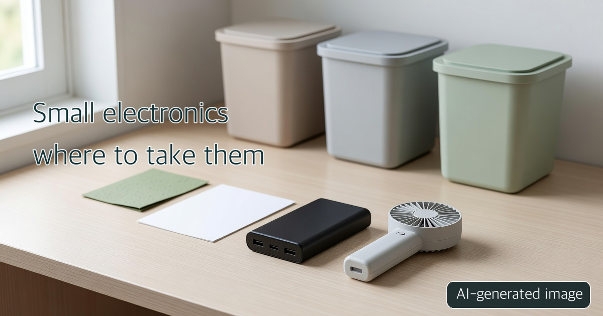 AI-generated conceptual power bank and handheld fan beside unmarked bins; not a photo of a specific public collection point