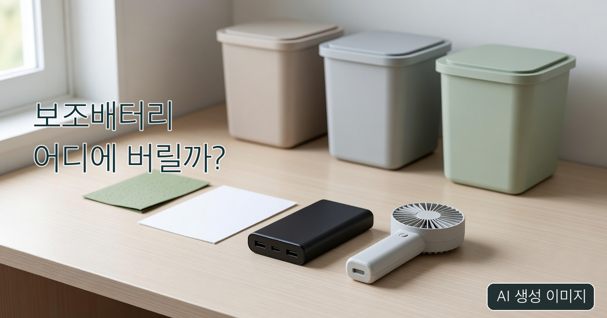 보조배터리·휴대용 선풍기를 책상 위에 놓은 AI 생성 설명 이미지. 실제 수거함 위치·공식 포스터 사진 아님