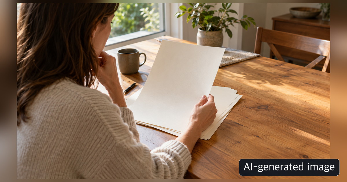 Person reviewing blank sheets of paper at a wooden table