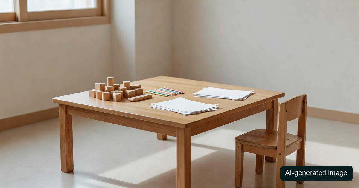 AI-generated illustration of an empty preschool learning table with blocks and pencils