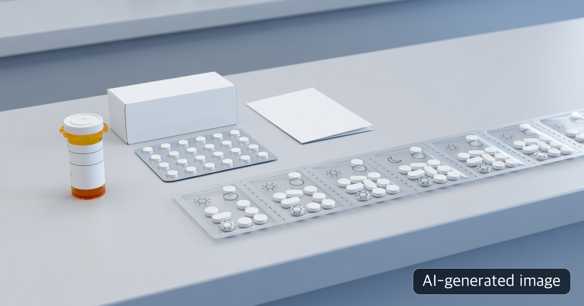 AI-generated comparison of a US-style vial, intact manufacturer blisters, and administration-time pharmacy pouches