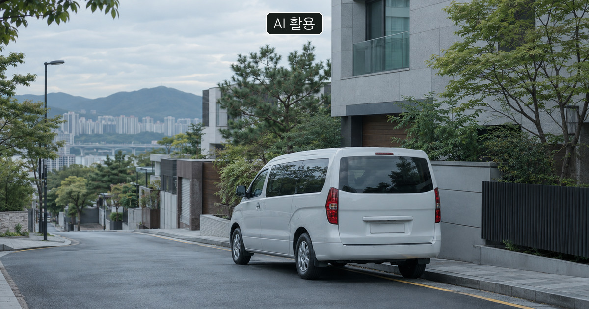 표식 없는 흰색 승합차를 거리에서 멀리 본 AI 생성 개념 이미지; 실제 민간구급차나 감시 대상 차량 아님