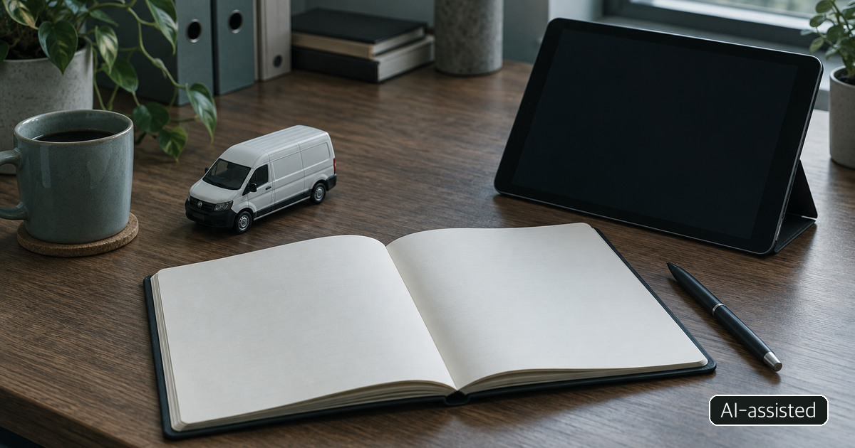 AI-generated conceptual desk with a blank notebook and an unlit tablet; not the actual AiR screen or patient data