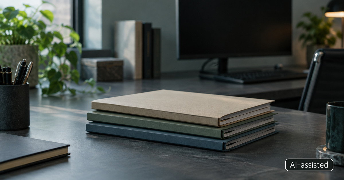 AI-generated conceptual desk with closed notebooks and an unlit monitor; not an actual agency workspace