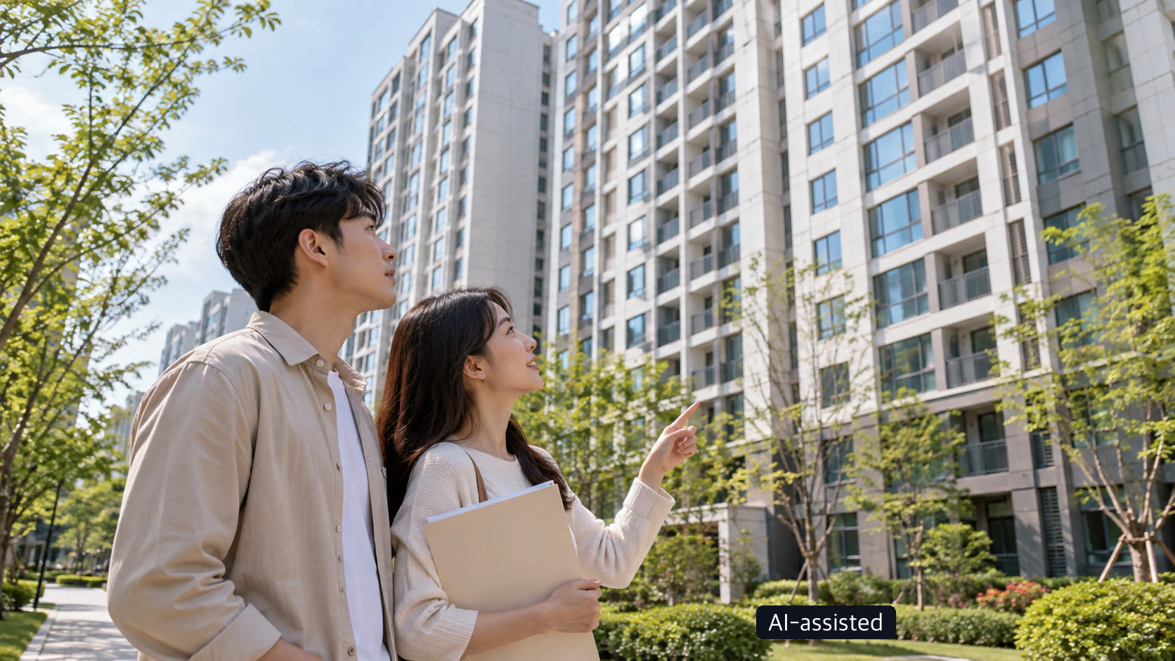 Two people with contract papers looking at an apartment building