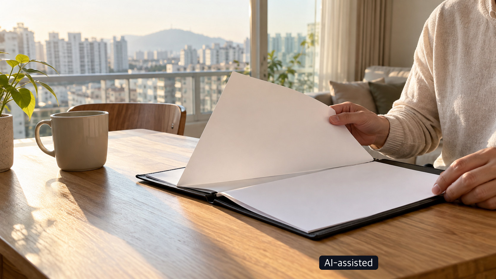 Two people with contract papers looking at an apartment building