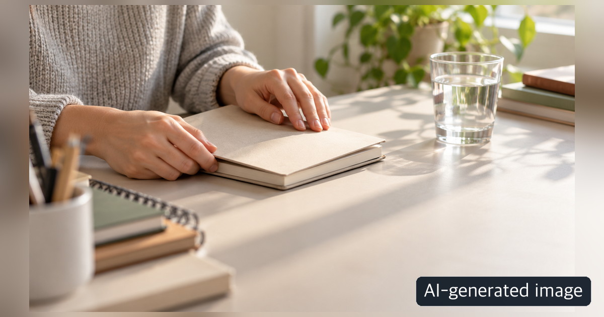 Person resting their hands on a closed notebook beside pens and a glass of water
