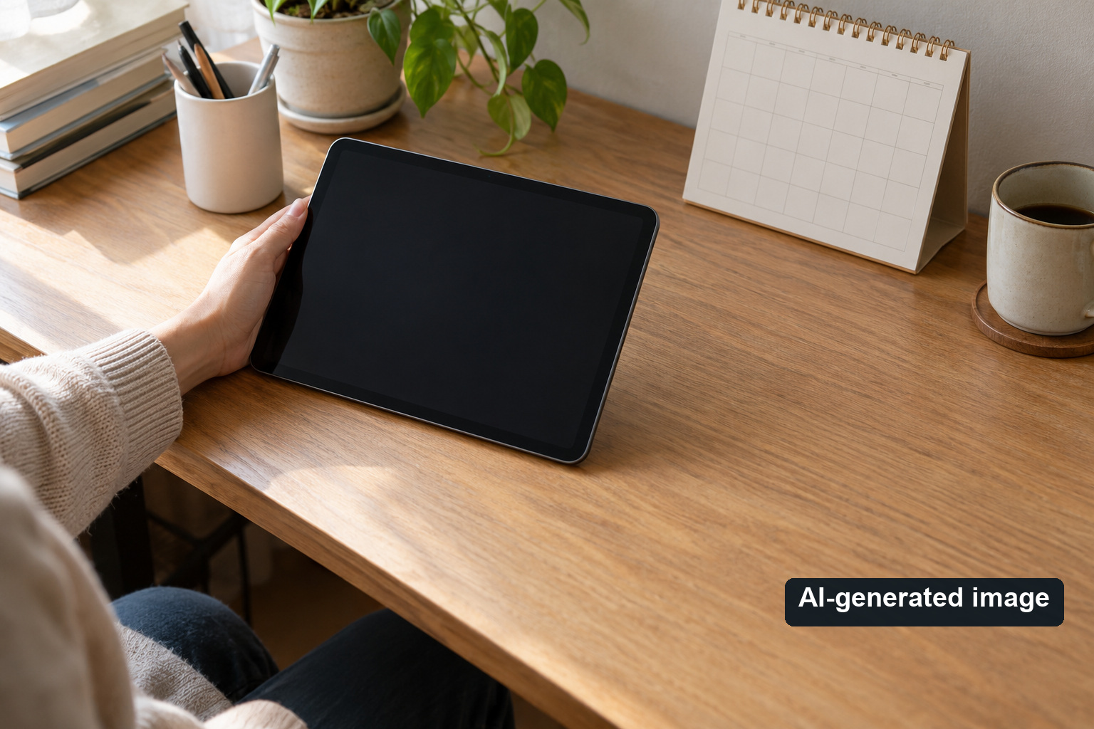 Person in a knit sweater holding a tablet with a blank screen at a desk with books and plants