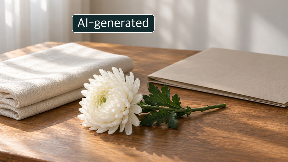 AI-generated image: conceptual scene of a white chrysanthemum, folded cloth and closed notebook on a wooden table; not an actual funeral facility or official document