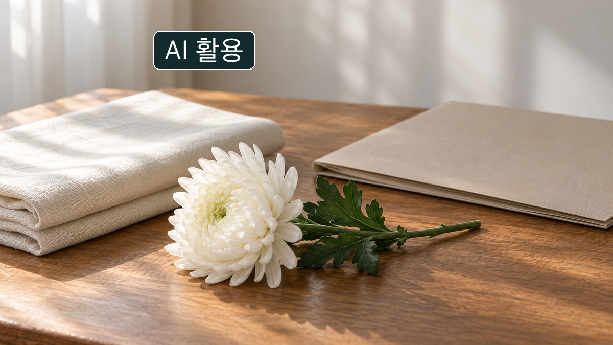 AI 생성 이미지: 나무 탁자 위 흰 국화 한 송이와 접힌 천, 닫힌 수첩. 실제 장례식장이나 공식 서류가 아닌 개념 장면