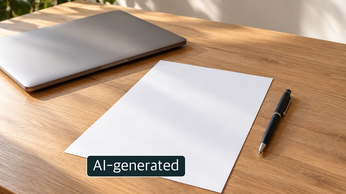 AI-generated conceptual image of a blank sheet of paper and pen beside a closed laptop; not a real application-history screen or government certificate
