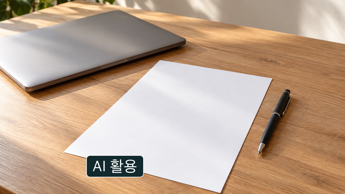 AI 생성 이미지: 닫힌 노트북 옆 빈 종이와 펜. 실제 신청내역 화면이나 확인원이 아닌 개념 장면