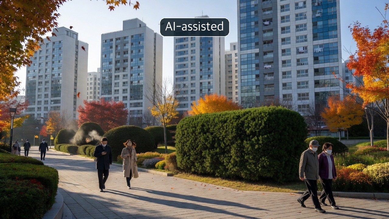 AI-generated conceptual image of generic apartment buildings in autumn; not an actual project site or official housing notice