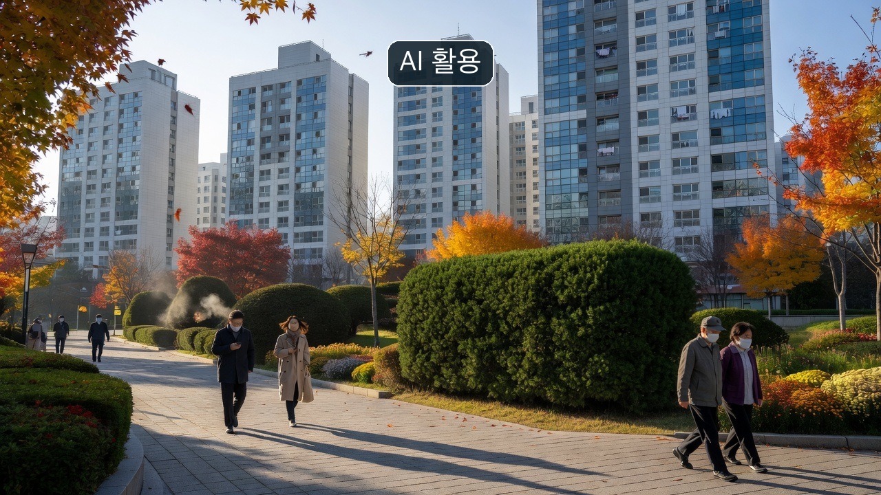 AI 생성 개념 이미지: 가을 도시의 일반적인 공동주택 외관; 실제 공급 대상 단지나 공식 공고 사진이 아님