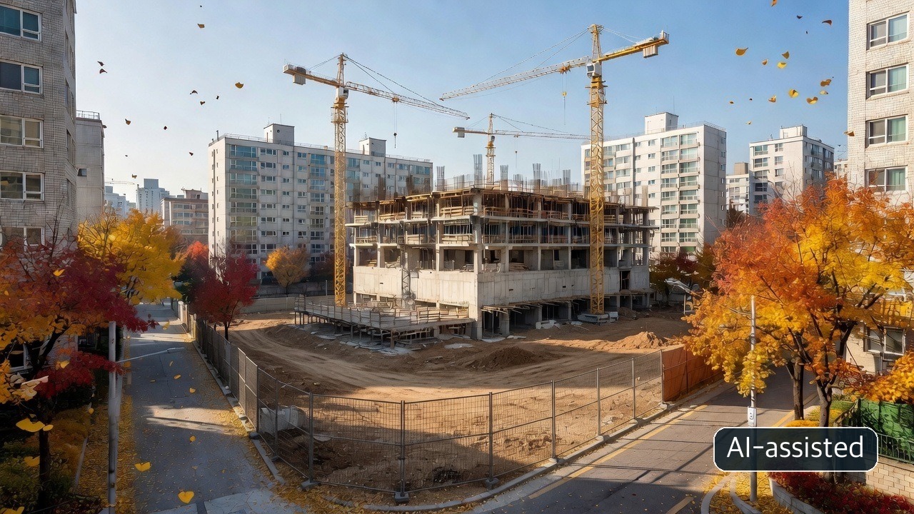 AI-generated conceptual image of an anonymous apartment structure from a public sidewalk; not a documented housing project