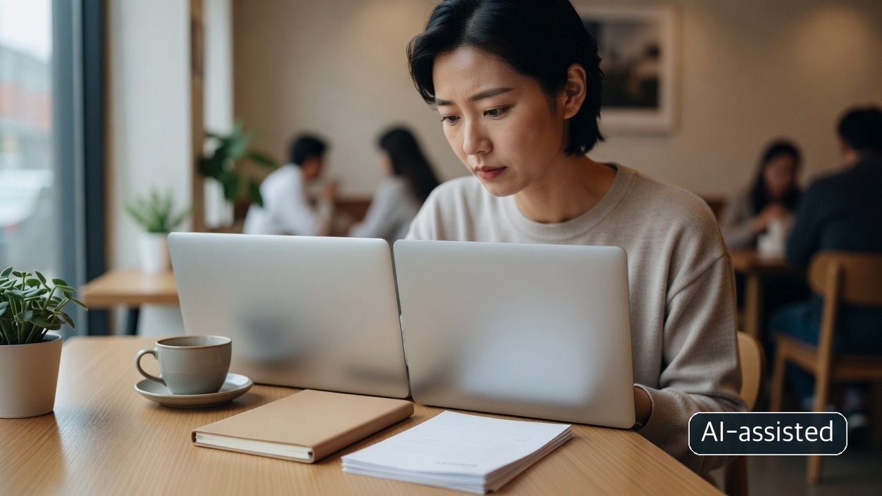 AI-generated conceptual image of a woman reviewing information on a laptop beside notes with no legible text; not an LH webpage or real application form