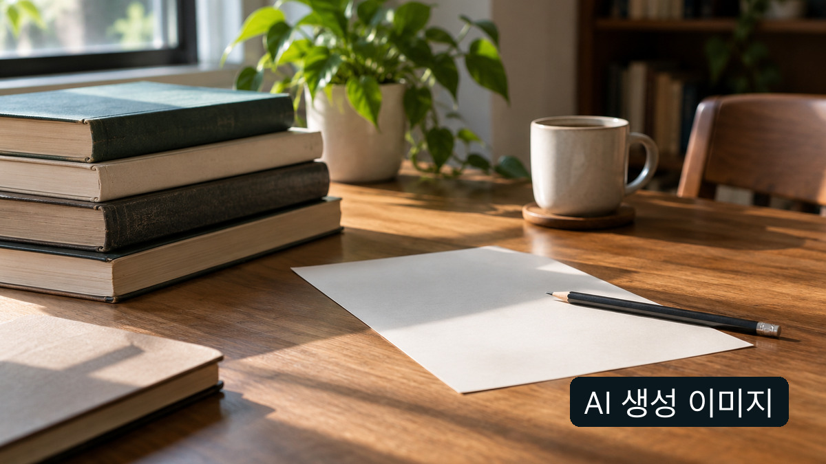 책과 빈 종이가 있는 학습 공간의 개념 이미지. 실제 시험지나 Q-Net 화면이 아님