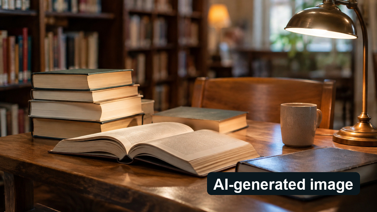 Conceptual image of a library desk, not an answer key