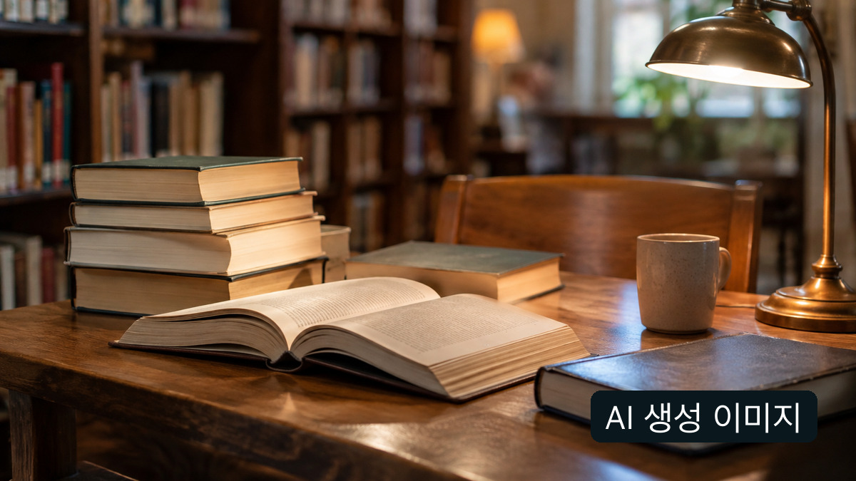 조명과 책이 놓인 일반 열람실 개념 이미지. 실제 정답 자료가 아님