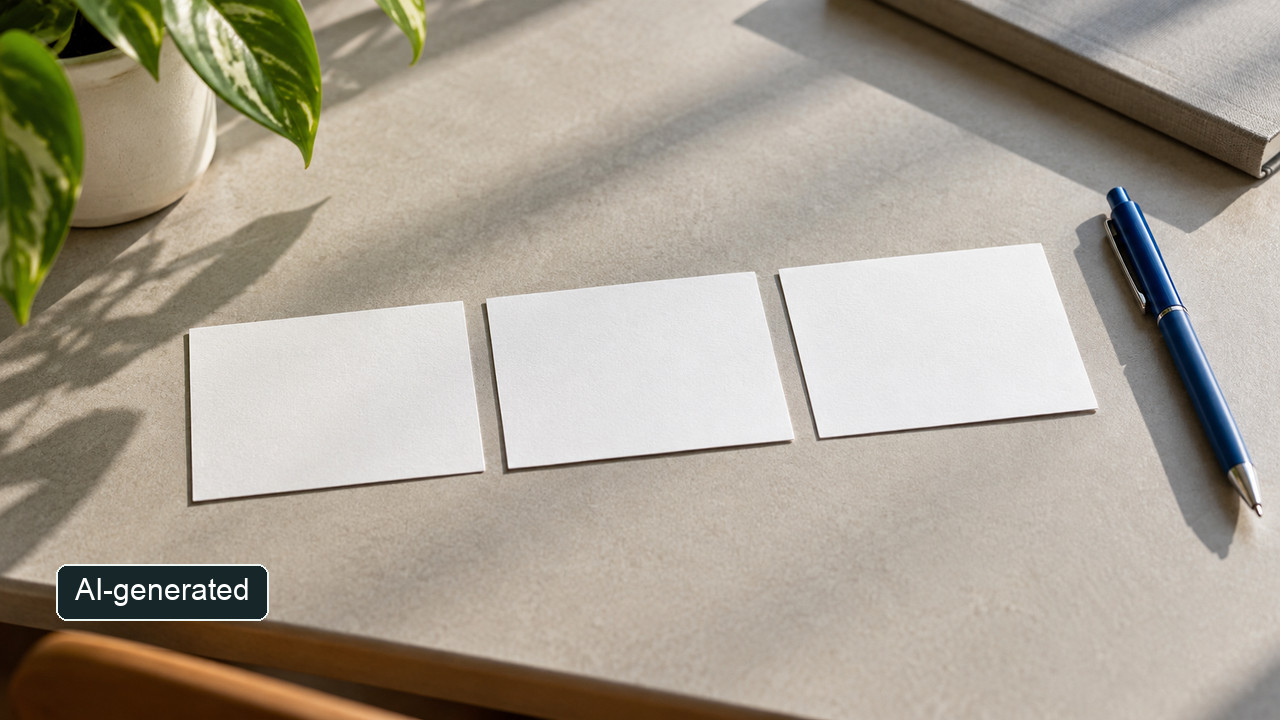 Conceptual photograph of three blank cards and a plain pen; not patient records or a treatment chart