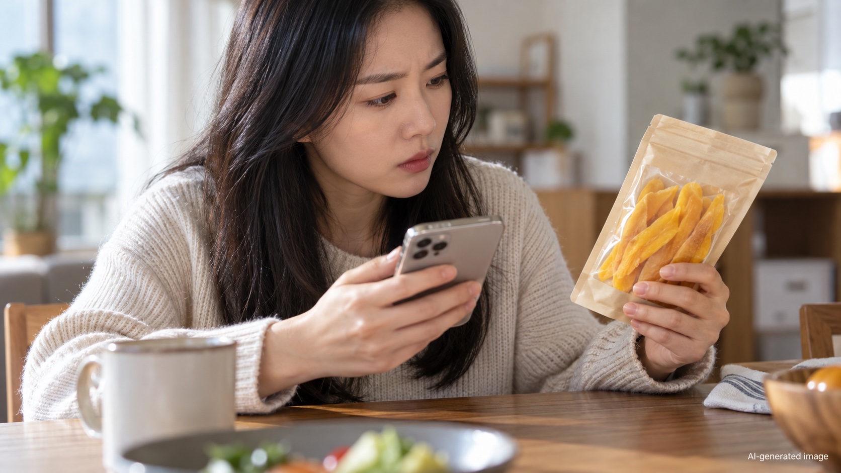 AI-generated concept photo of a person checking a generic mango snack; not the actual recalled packaging