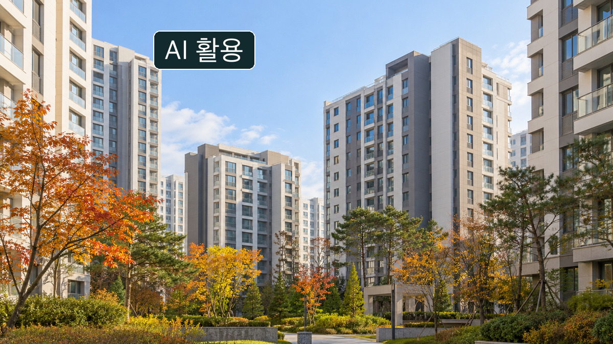 AI 생성 이미지: 나무와 조경이 있는 아파트 외관