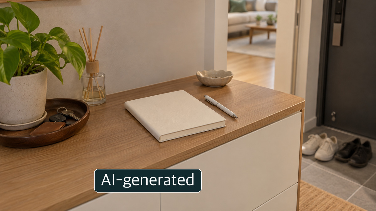 AI-generated image: Residential fixtures and a closed notebook