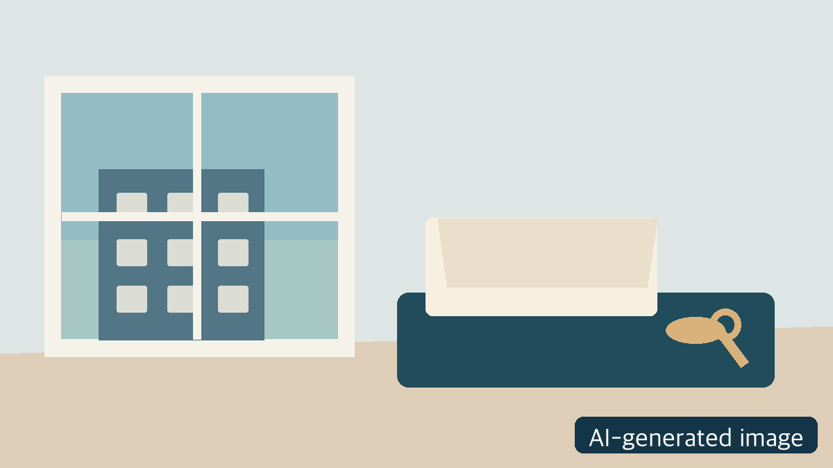 AI-generated image: an abstract apartment building and key, not an actual affected property