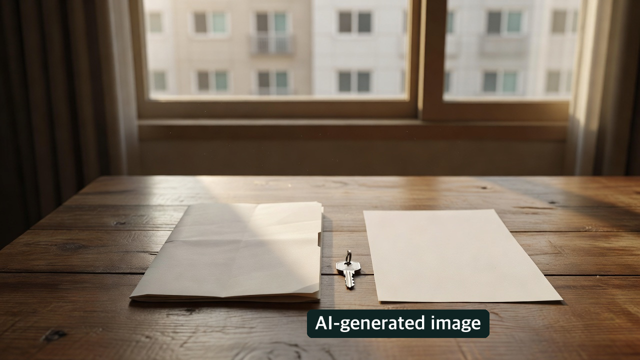 AI-generated conceptual image: a key and blank paper by an apartment window; not an actual case or official decision.